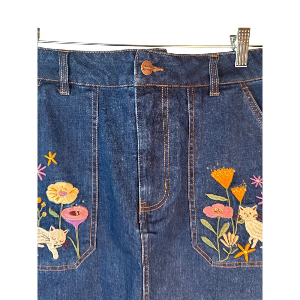 New ModCloth X Princess Highway 8 Denim Skirt W/ Floral & Cat Embroidery Blue - Picture 5 of 10
